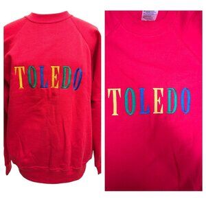 Rare Vintage Toledo Sweatshirt Adult Lg Embroidered Spell out Crewneck Red USA